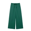 Detail of dark green wide-leg linen pants with high-waist elastic band and drawstring - XS / Bottoms / Green