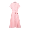 Rosa kurzärmeliges Midi-Hemdkleid mit V-Ausschnitt, Knöpfen und passendem Taillengürtel - XS / Rosa