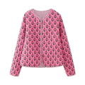 Damen Steppjacke mit rosa Blumenmuster und rot-weiß gestreiften Paspel-Details - S / Rosa Mit Roten Blumen