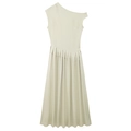 Detailed view of asymmetric one shoulder neckline and pleated beige dress texture - S / Sage Green