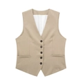 Neutral khaki linen blend V-neck waistcoat with five dark brown buttons for women - XS / Tops / Ivory
