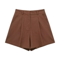 Women's high waist wide leg shorts in dark brown linen blend with pleated details - XS / Bottoms / Chestnut