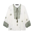 Boho gebroken witte blouse met lange mouwen, groen etnisch borduursel en kwastjes - XS / Groen