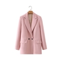 Detail of light pink double-breasted blazer with classic notched lapels and flap pockets - Rouge Red