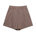 Women's high-waisted pleated linen blend shorts in dark khaki with side pockets - XS / Bottoms / Camel