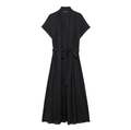 Elegantes schwarzes Kurzarm-Hemdkleid mit Bindegürtel und A-Linien-Rock auf weißem Grund - XS / Schwarz