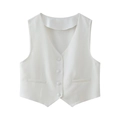 Detail of white V-neck vest featuring a four-button closure and sleek tailored pockets - White Vest / XS