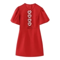 Short sleeve red A-line dress with heart rhinestone buttons and waist cutout detail - XS / Red