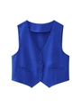 Detail view of royal blue V-neck vest featuring matching buttons and pointed hemline - XS / Vest / Blue