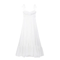 White poplin tiered midi dress with bow straps and ruffled hem on white background - XS / White
