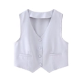 Detail of light purple-grey women's vest with V-neckline and matching buttons - Grey Vest / XS