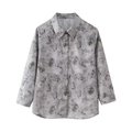 Women's summer grey floral beaded embroidery long sleeve shirt with loose fit - S / Shirt