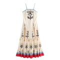 Ethnic style floral print maxi dress in cream with blue straps for summer vacation - S / Milky White