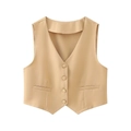 Detail of khaki V-neck vest with matching fabric buttons and flat decorative welt pockets - Khaki Vest / XS