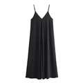 Elegante zwarte midi-jurk met V-hals en spaghettibandjes in soepelvallend A-lijn model - XS / Zwart