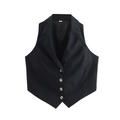 Chic black cropped vest for women with classic lapel collar and four buttons in black - Black