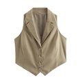 Detail of a khaki notch lapel vest with four-button closure and tailored slim fit hem - S / Khaki