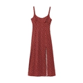 Retro burgundy polka dot linen maxi dress with thin straps and side split detail - XS / Red Polka Dot (Print)