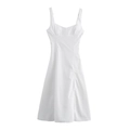 Macro detail of white linen V-neck dress with fine pleats and side slit design - XS / White