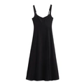 Detail of black linen strap dress with V-neckline and subtle pleated chest design - XS / Black
