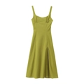 Detail view of grass green linen maxi dress featuring ruched bust and side slit - XS / Green