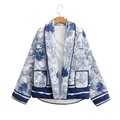 Detail view of quilted cotton jacket with blue toile de jouy print and large pockets - XS / Navy Blue Landscape Print Style(款6)