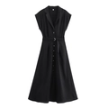 Detail of black V-neck sleeveless shirt dress with gold buttons and belted waist - XS / Black