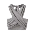 Detailed flat lay of a grey halter wrap top with cross-wrap design and neck tie detail - XS / Tops / Gray