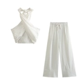 Flat lay of white halter neck wrap top and matching wide leg trousers in linen fabric - XS / Top And Bottom / White