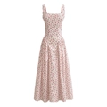 Floral print midi tank dress with square neck and ruffled straps on a white background - S / Red