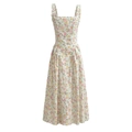 Summer floral midi camisole dress with square neck and ruffled straps in cream white - S / Green