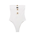 White bandeau one-piece swimsuit with luxury gold ball accents and high cut leg design - XS / White
