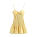 Summer yellow gingham V-neck dress with bow detail and smocked waistline ruffled hem - XS / Yellow