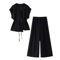 Completo due pezzi da donna in lino nero con top a portafoglio e pantaloni larghi - Set con Zirconia Nera
