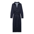 Deep indigo long sleeve denim midi shirt dress with V-neck and cinched waist details - XS / Long Sleeve Maxi Style