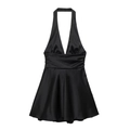 Elegantes schwarzes Neckholder-Satinkleid mit offenem Rücken und Taillenfalten - XS / Schwarz