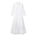 Eleganter weißer Midi-Hemdkleid mit Lochstickerei, Reverskragen und Gürtel - XS / Weiß