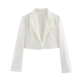 Women's minimalist short white blazer with notch lapel and single pocket on white background - S / Tops / White