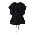 Schwarzes Leinen-Wickeltop für Damen mit V-Ausschnitt und verstellbarem Bindegürtel - XS / Schwarzes Oberteil