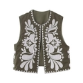 Gilet senza maniche verde oliva con ricami floreali bianchi in stile bohémien per donna - XS / Marrone