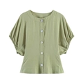 Blusa minimalista verde claro con mangas abullonadas, cuello redondo y botones - XS / Verde Frijol