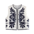 Detail of vintage sleeveless vest with navy floral embroidery on white cotton fabric - XS / Tops / Navy Blue