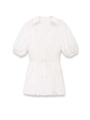 Detail view of white poplin mini dress showing V-neckline and puff sleeves with waist tie - S / White