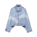 Detail of light blue denim jacket featuring white floral lace patchwork on sleeves - XS / Blue