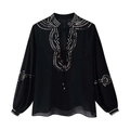Women's black V-neck sheer blouse with silver sequined bohemian embroidery and puff sleeves - S / Black