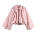 Close-up of pink oversized balloon sleeve detail and zipper on women's pilot jacket - S / Pink