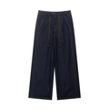Flach liegende dunkelblaue Denim-Hose mit weitem Bein, hoher Taille und Kontrastnähten - XS / Dunkelblaue Hose