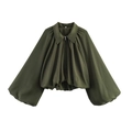 Detail of olive green jacket featuring balloon sleeves and a zippered cropped hem design - S / Army Green