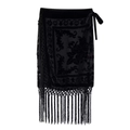 Retro black burnout floral wrap skirt with long fringe tassels on white background - S / Black