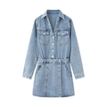 Vestido vaquero azul claro con cuello en V, cintura elástica y botones metálicos línea A - XS / Azul
